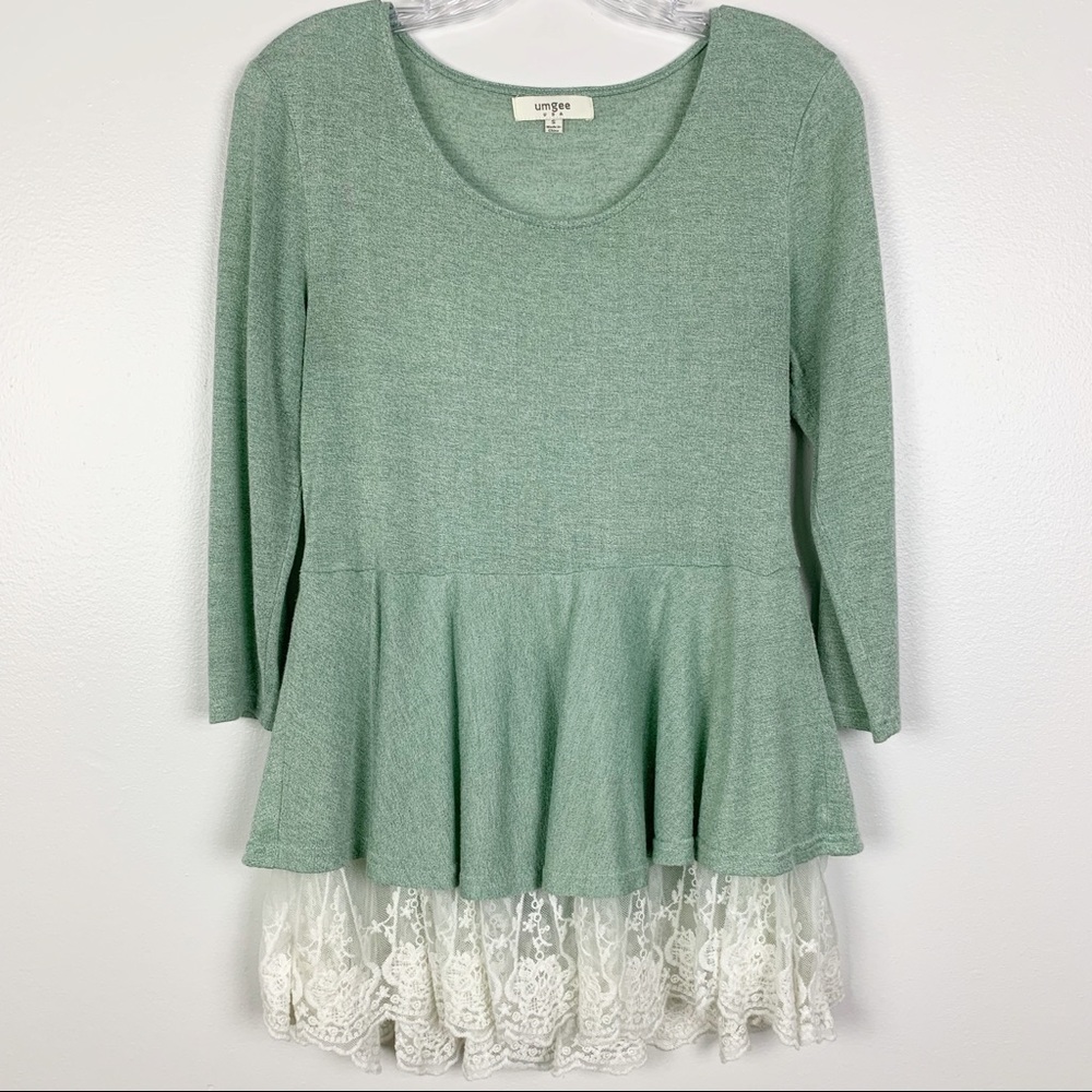 Umgee Peplum 3/4 Sleeve Lace Scoop Green S D11
